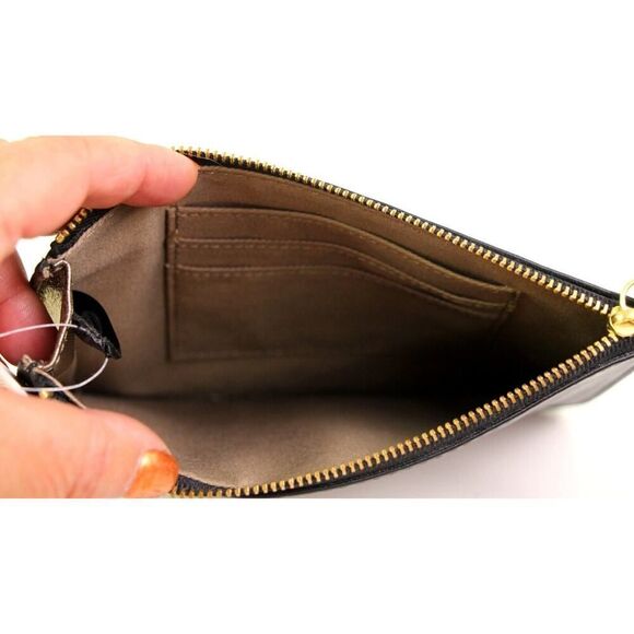 NWT Fossil BLACK GENUINE LEATHER ZIP TOP HANDBAG CLUTCH WRISTLET WALLET POUCH - Picture 11 of 12